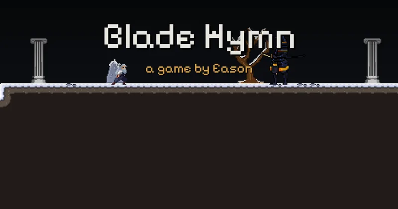 Blade Hymn in play: the player mid-swing facing the samurai boss on a snowy ledge between pillars, titled Blade Hymn, a game by Eason