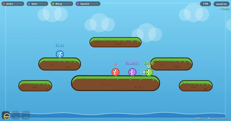 BOP in play: coloured blobs fighting on floating platforms above water with an ability HUD