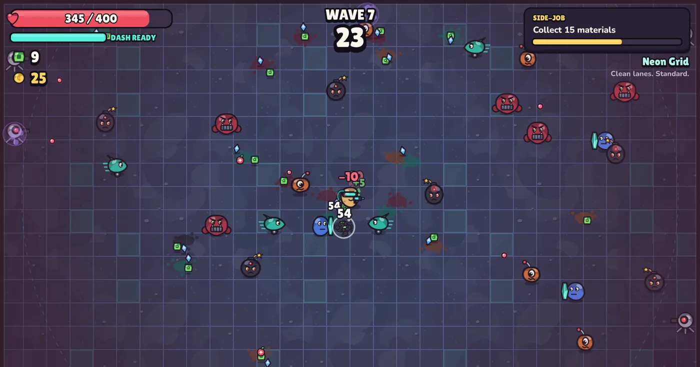Memory Burn in play: a potato gunslinger surrounded by blob robots on a neon grid floor, with a wave timer and side-job HUD