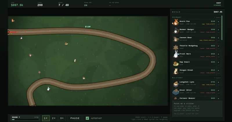 OVERPOP in play: critter towers along a winding track, with the tower shop and round HUD