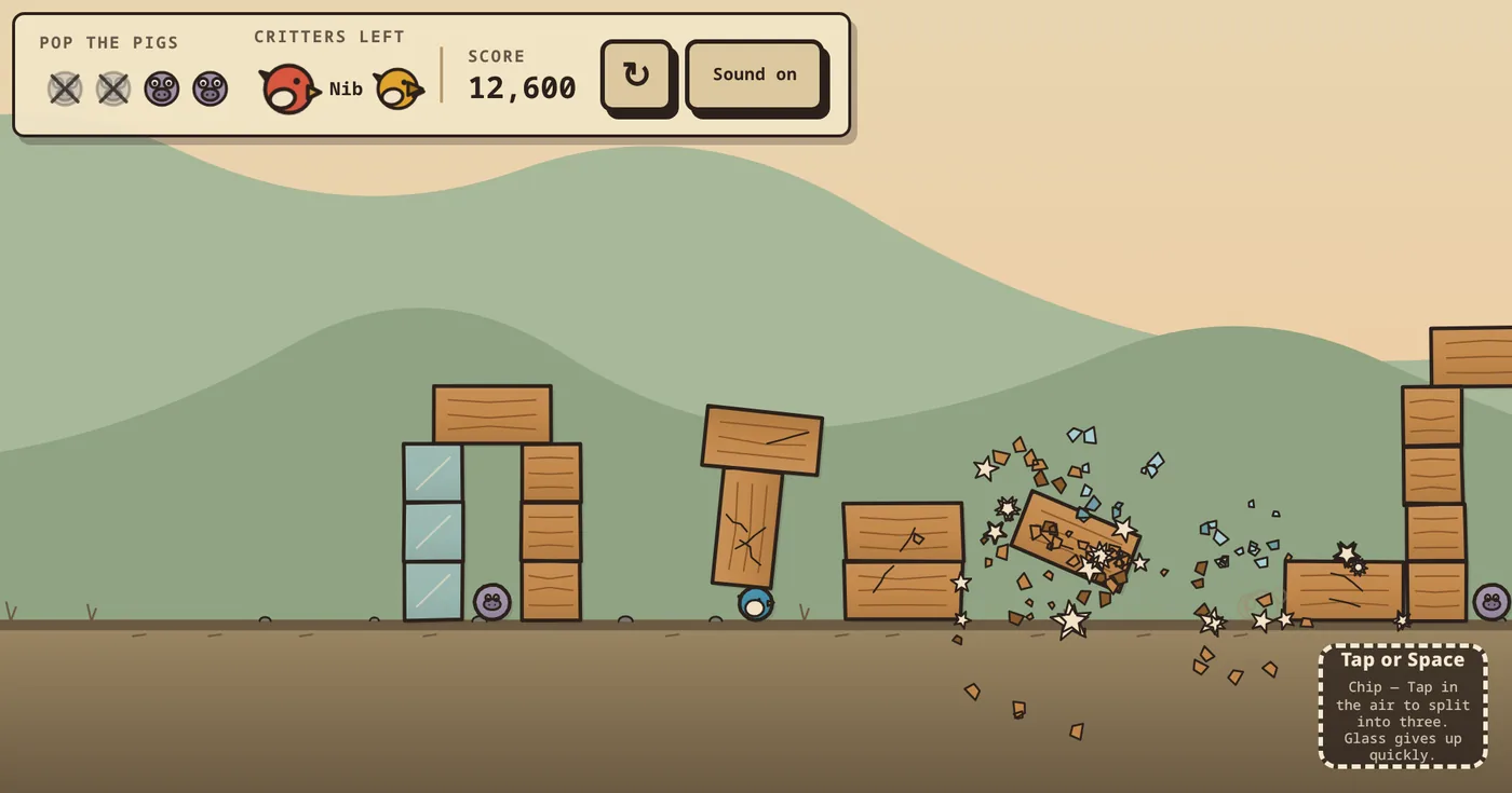 SLINGWRECK: a wooden and glass fortress collapsing across green hills