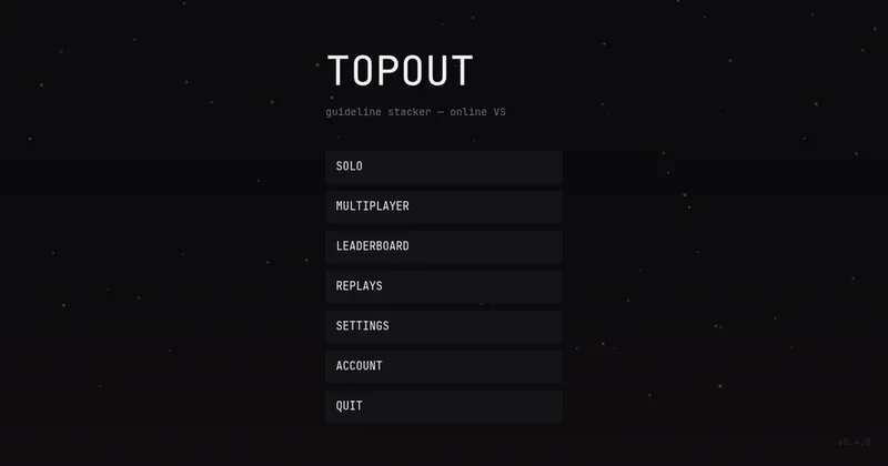 TOPOUT title screen with solo, multiplayer, leaderboard and replays menu