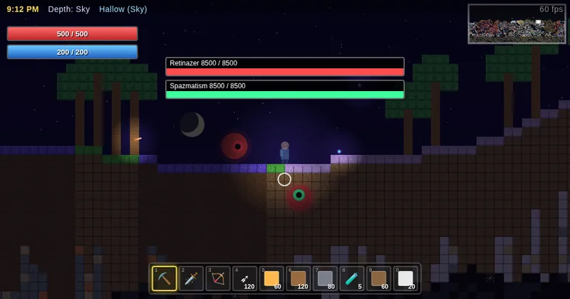 tree gameplay at night in the Hallow during a fight against the Twins