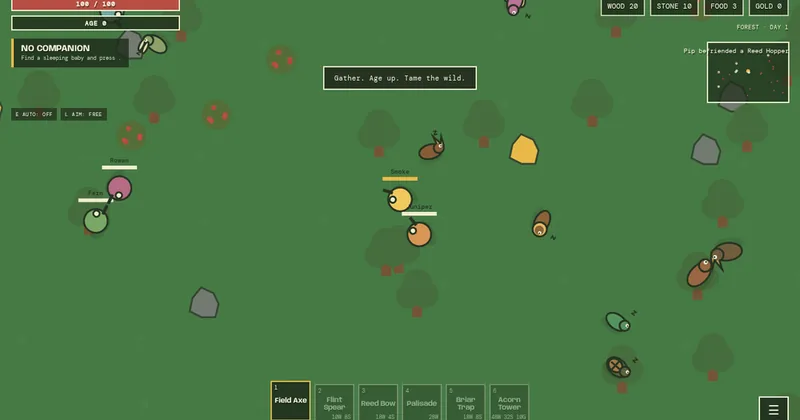 Wildbound.io in play: a tamer exploring a forest among wild creatures, resources, rivals and a survival HUD