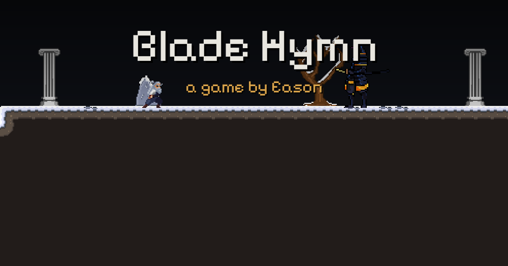 Blade Hymn in play: the player mid-swing facing the samurai boss on a snowy ledge between pillars, titled Blade Hymn, a game by Eason