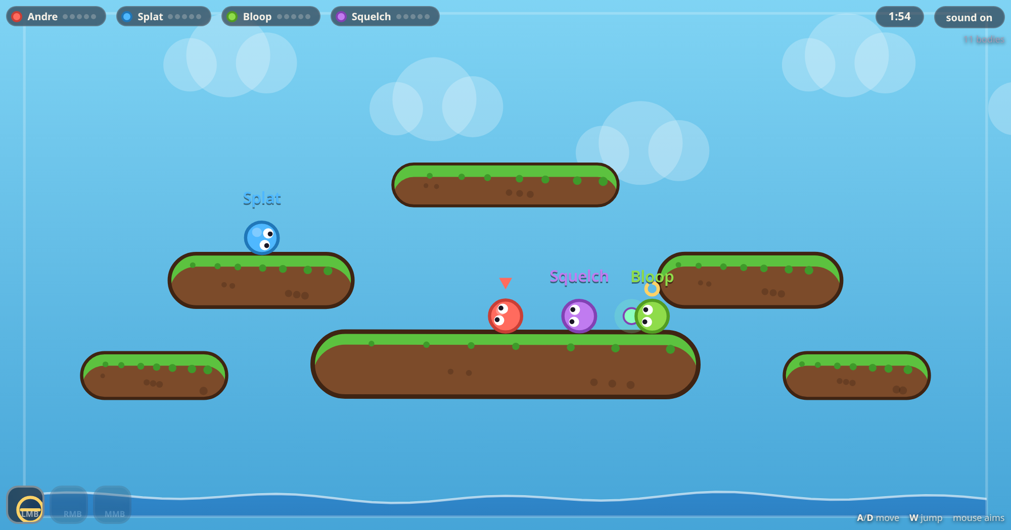 BOP in play: coloured blobs fighting on floating platforms above water with an ability HUD