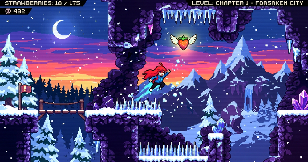 Celeste in play: Madeline mid-dash towards a winged strawberry in a snowy twilight mountain peak
