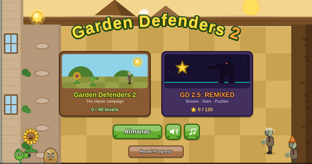 Garden Defenders 2 title screen with the classic campaign and GD 2.5 Remixed modes