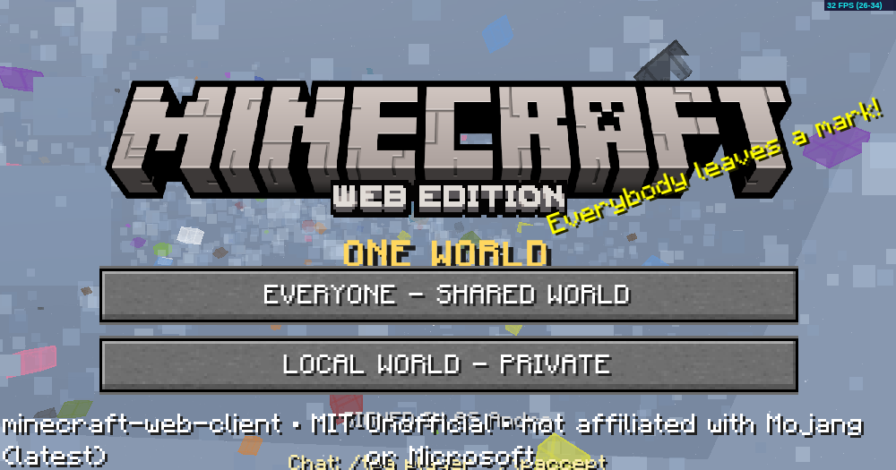 ONE WORLD browser survival game menu with shared-world and private local-world choices
