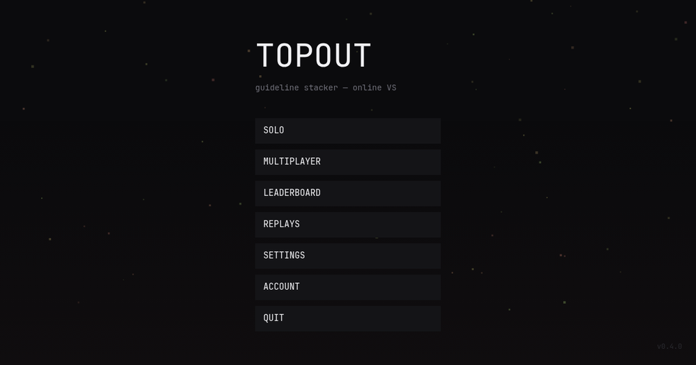 TOPOUT title screen with solo, multiplayer, leaderboard and replays menu
