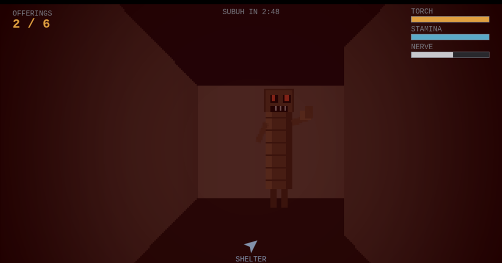 Tung Tung Tung Sahorror in play: the drumming creature waiting in a torchlit corridor, with the offerings, torch, stamina and nerve HUD