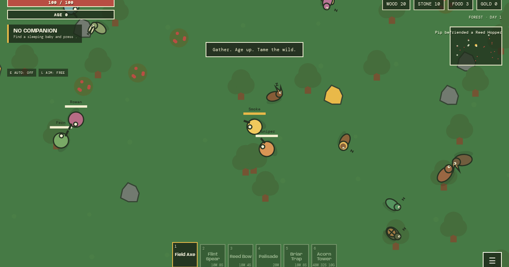 Wildbound.io in play: a tamer exploring a forest among wild creatures, resources, rivals and a survival HUD